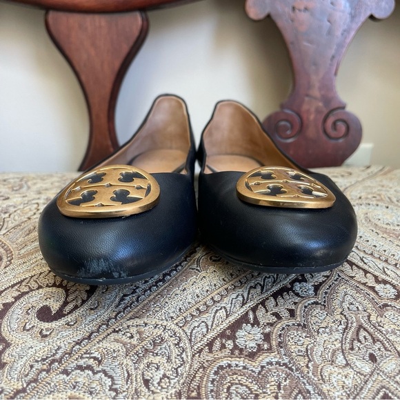 Tory Burch Benton Ballet Flats Shoes Black Nappa Leather Gold Tone Logo Size 7.5 - Picture 5 of 13